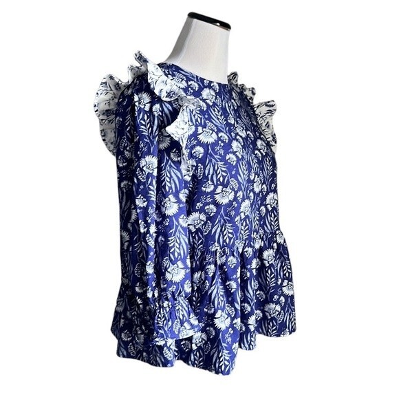 Universal Thread Blue Floral Print Puff 3/4 Sleeve Ruffle Top Blouse Size Small - Picture 9 of 16